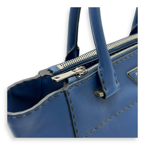 Prada Logo Top Handle Bag Blue in Calfskin, Gold hardware_7