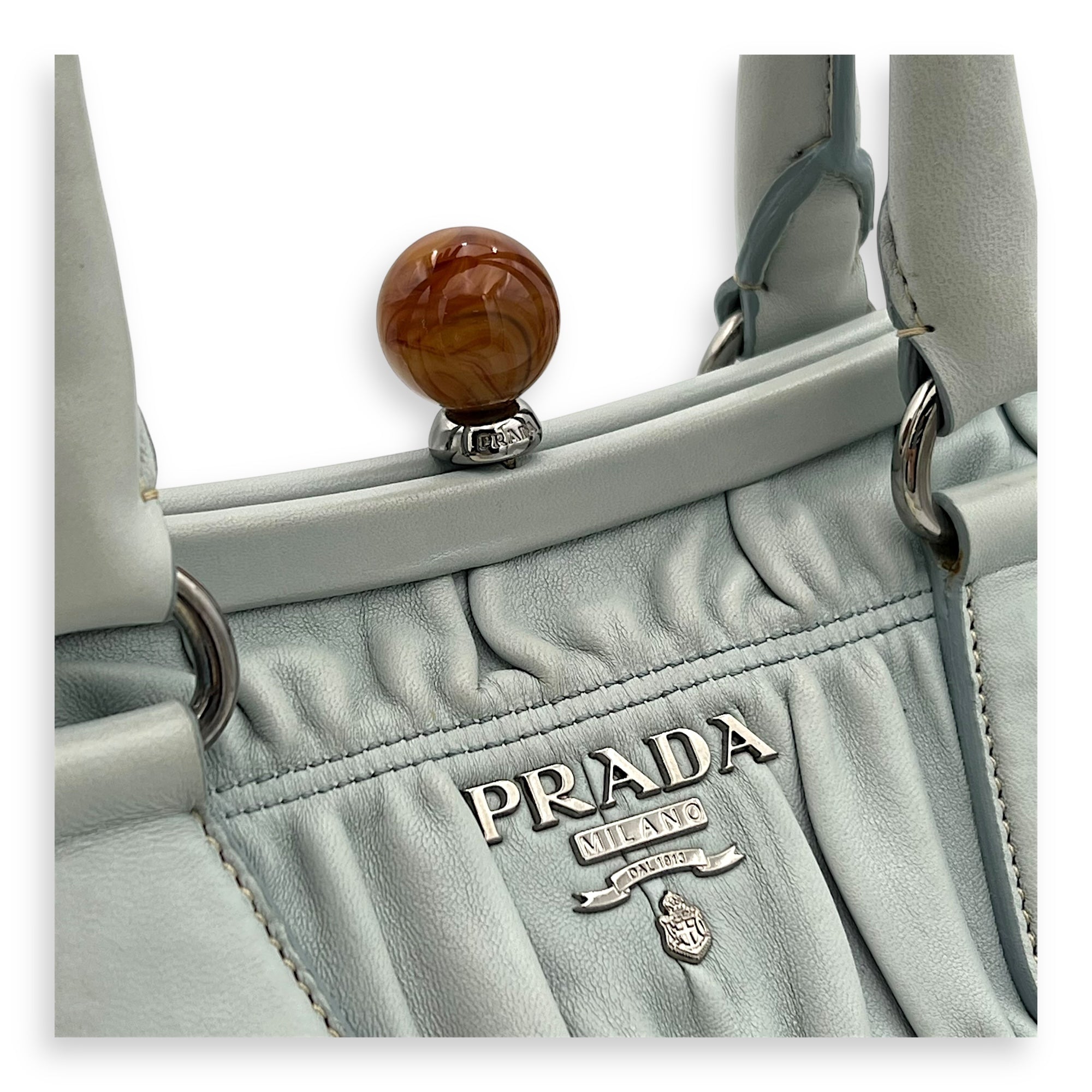Prada Turnlock Top Handle Bag Blue in Calfskin, Silver hardware_7