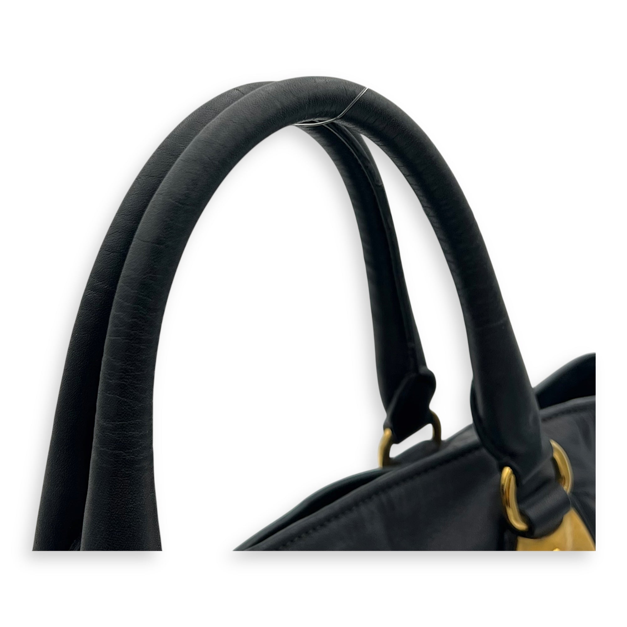 Prada Logo Top Handle Bag Black in Calfskin, Gold hardware_7