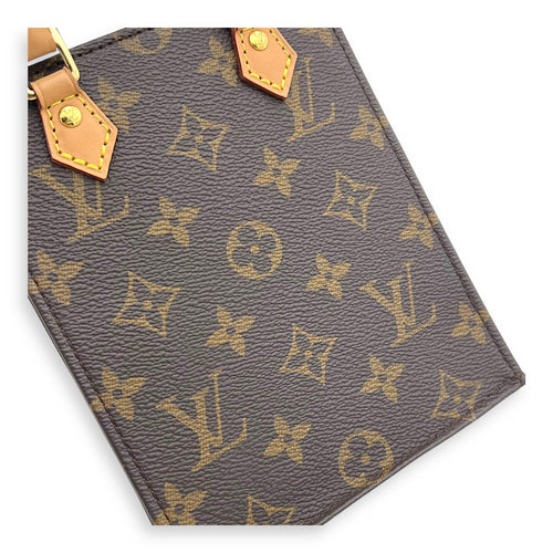 Louis Vuitton Sac Plat Petite Brown Top Handle Bag in Monogram Coated Canvas, Gold hardware_7