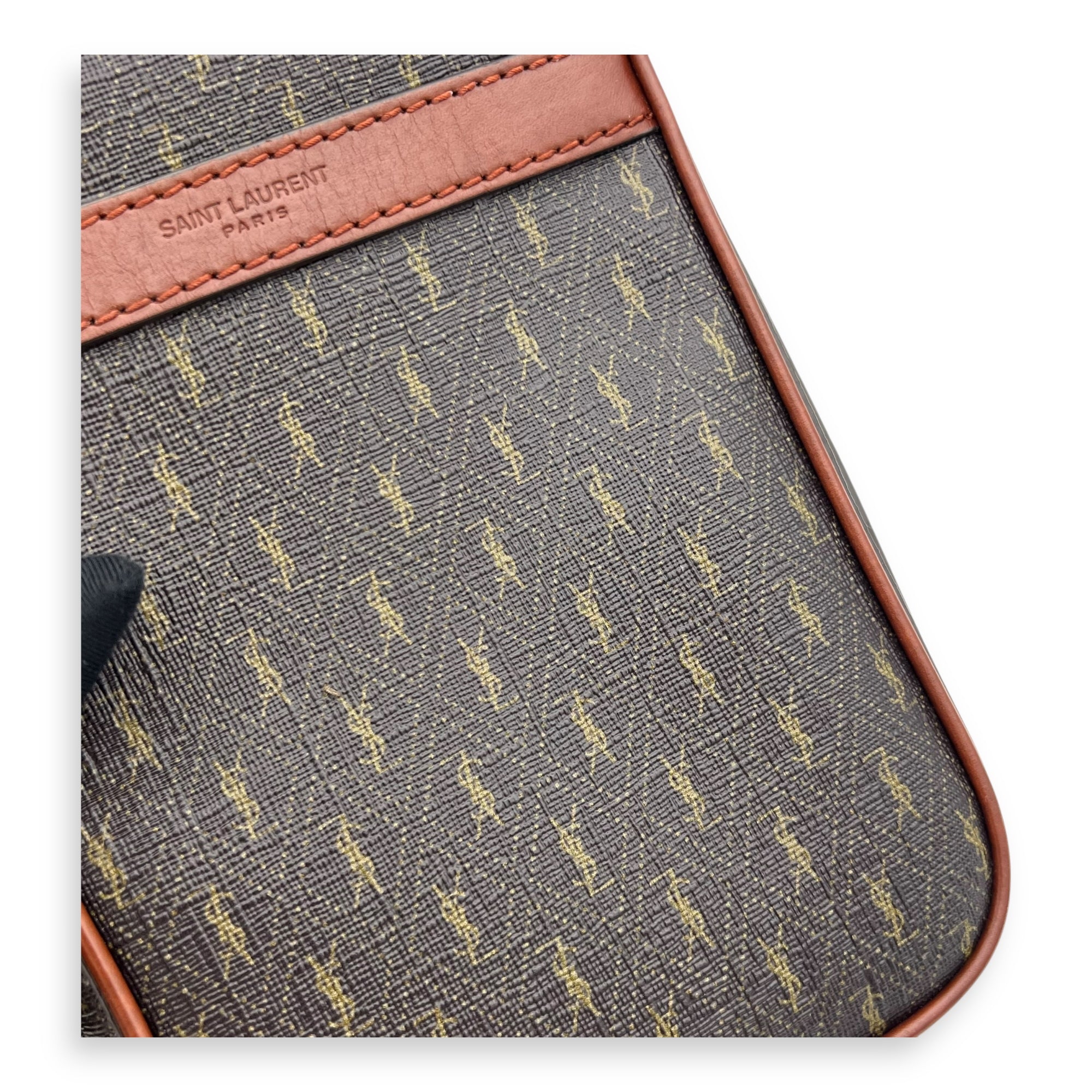Saint Laurent Logo Crossbody Bag Brown in Coated Canvas, Gold hardware_7