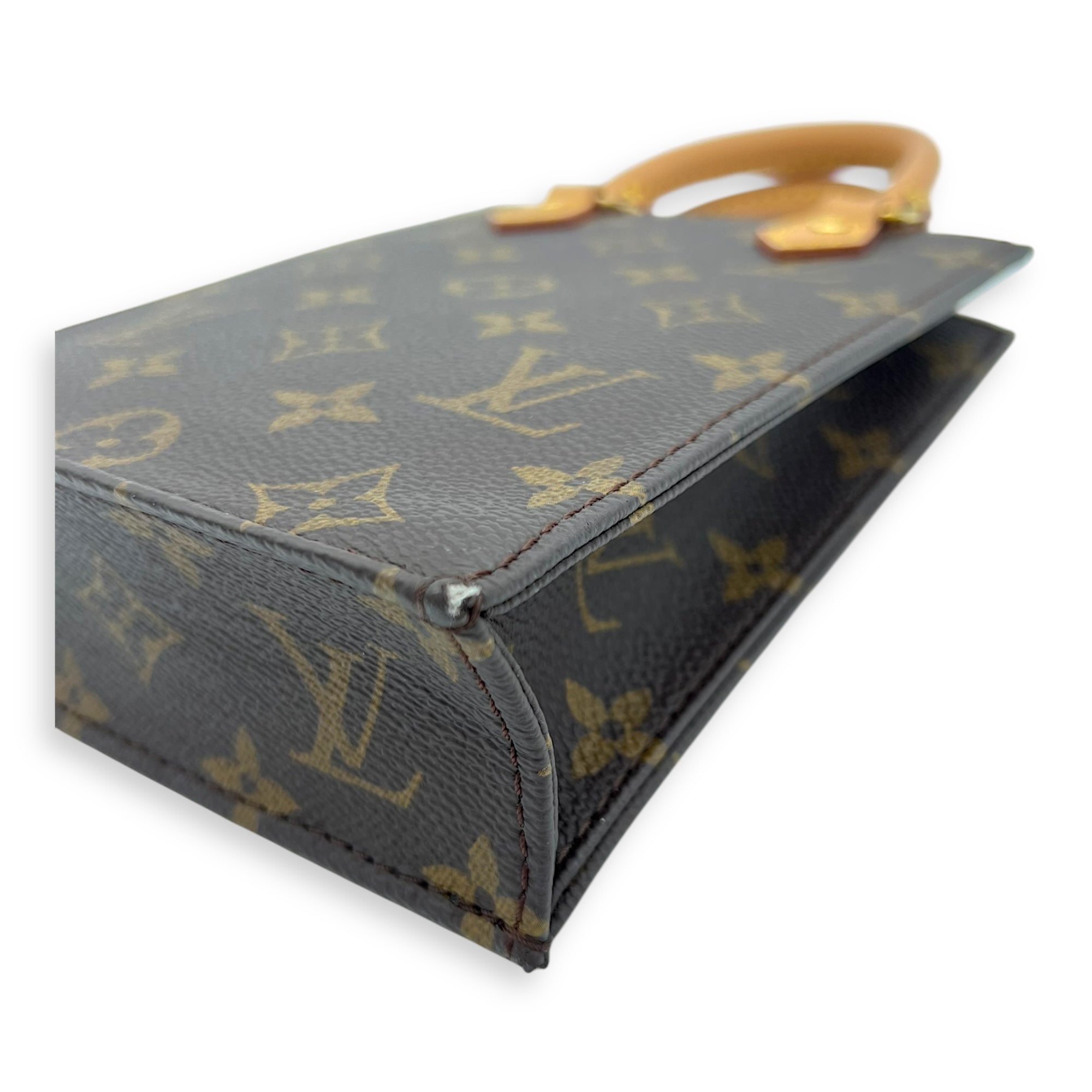 Louis Vuitton Sac Plat Top Handle Bag Petite Brown in Monogram Coated Canvas, Gold hardware_7