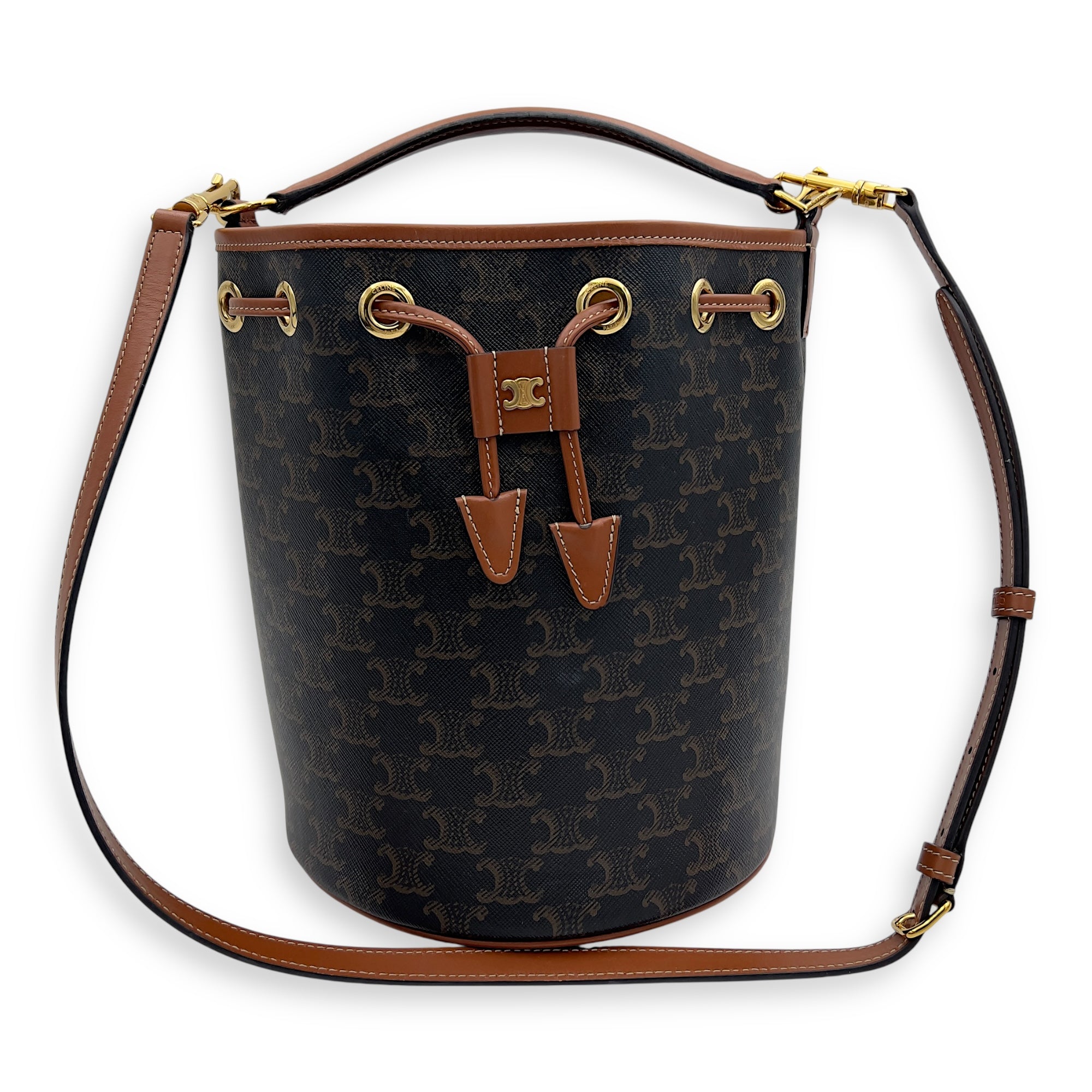 Celine Clara Bucket Bag Brown in Coated Canvas, Gold hardware_5