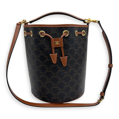 Celine Clara Bucket Bag Brown in Coated Canvas, Gold hardware_5