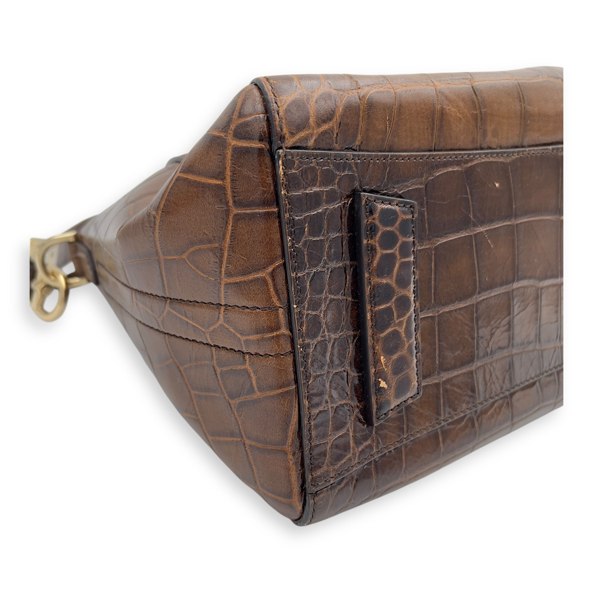 Givenchy Antigona Small Brown Top Handle Bag in Crocodile Embossed Calfskin, Gold hardware_5