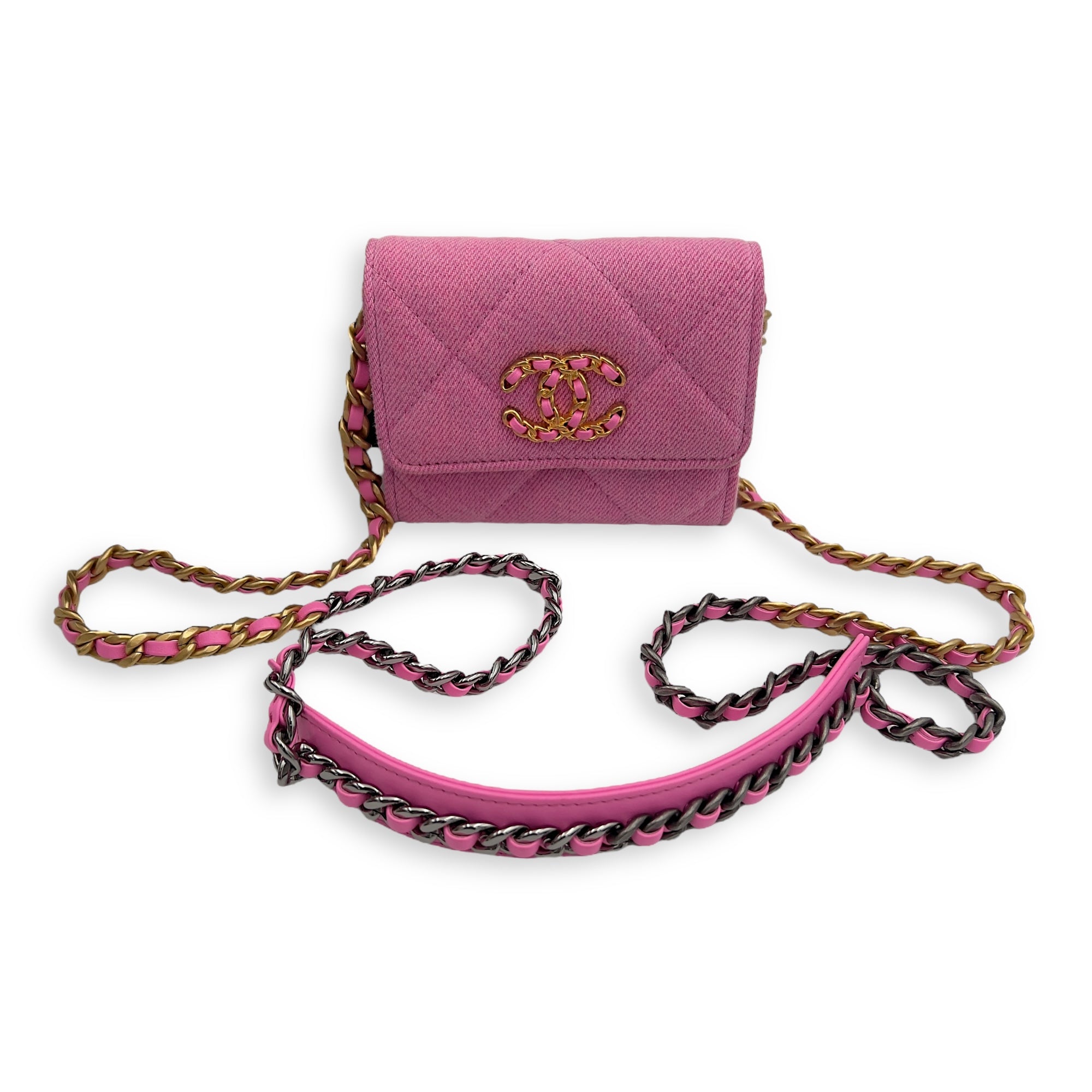 Chanel C19 Pink Wallet On Chain in Denim, Gold hardware_9