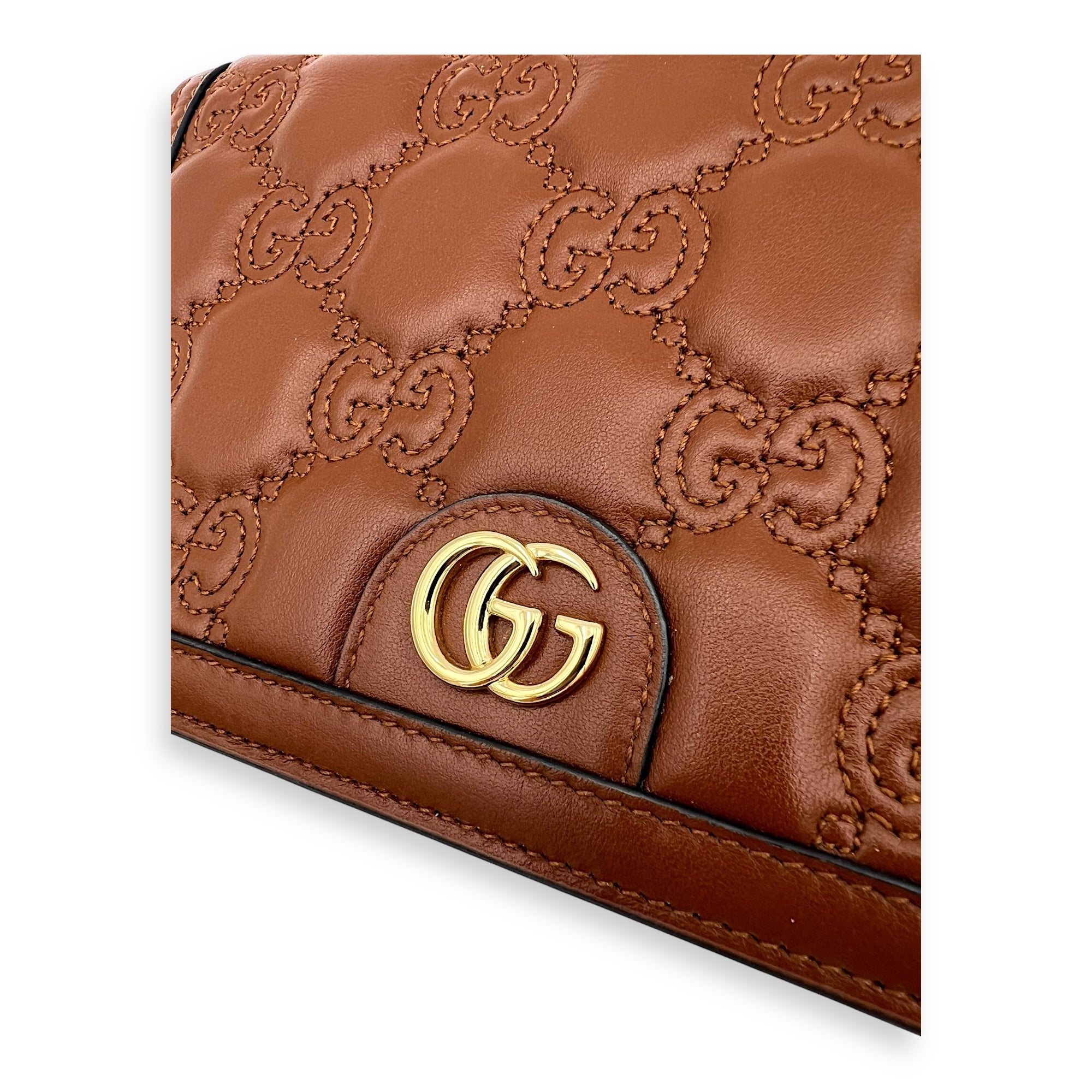 Gucci Matelassé Wallet On Chain Brown in Calfskin, Gold hardware_1