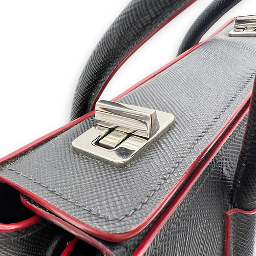Prada 2 way turnlock bag Top Handle Bag Black in Saffiano Leather, Silver hardware_11