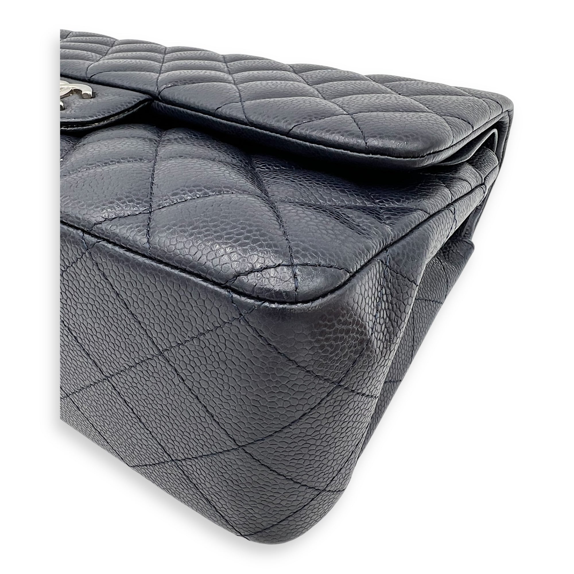 Chanel Classic Jumbo Blue Shoulder Bag in Caviar Leather, Silver hardware_7