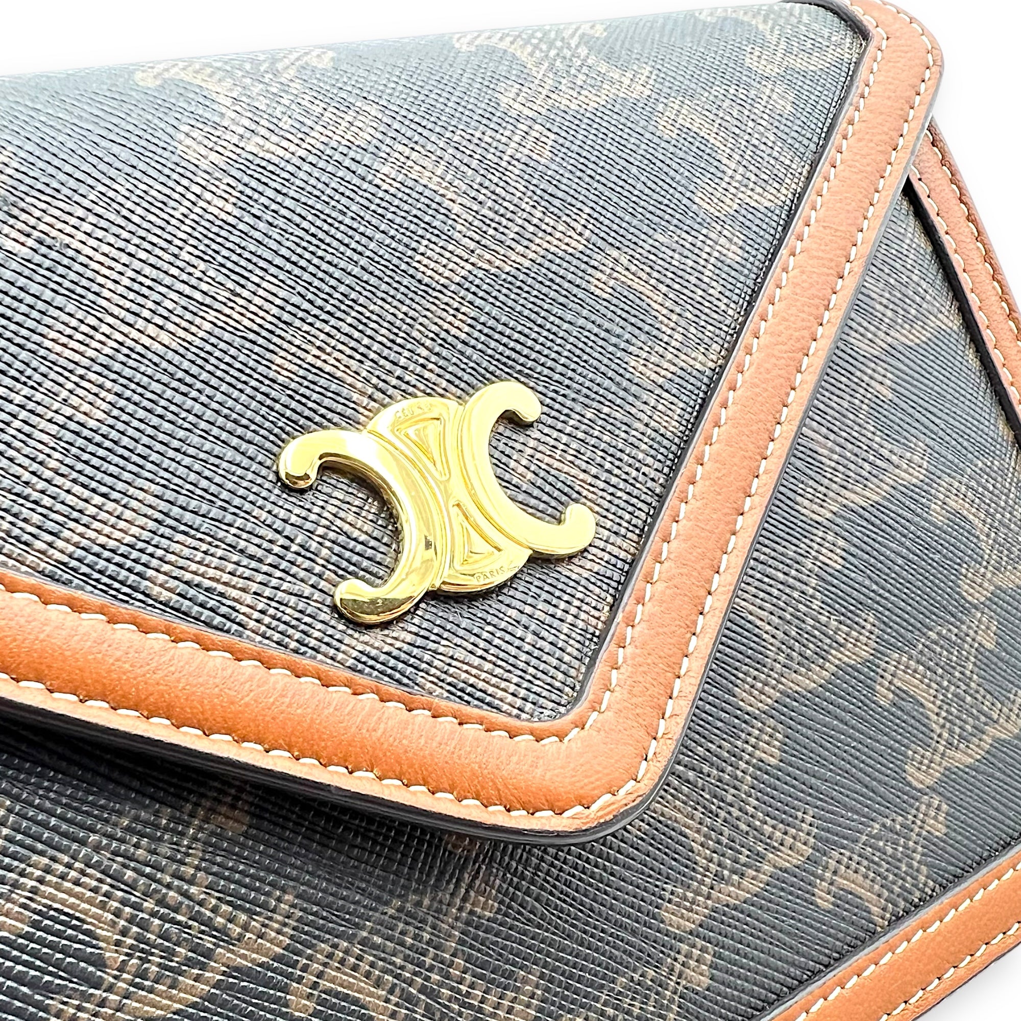Celine Triomphe Wallet On Chain Brown in Coated Canvas, Gold hardware_7
