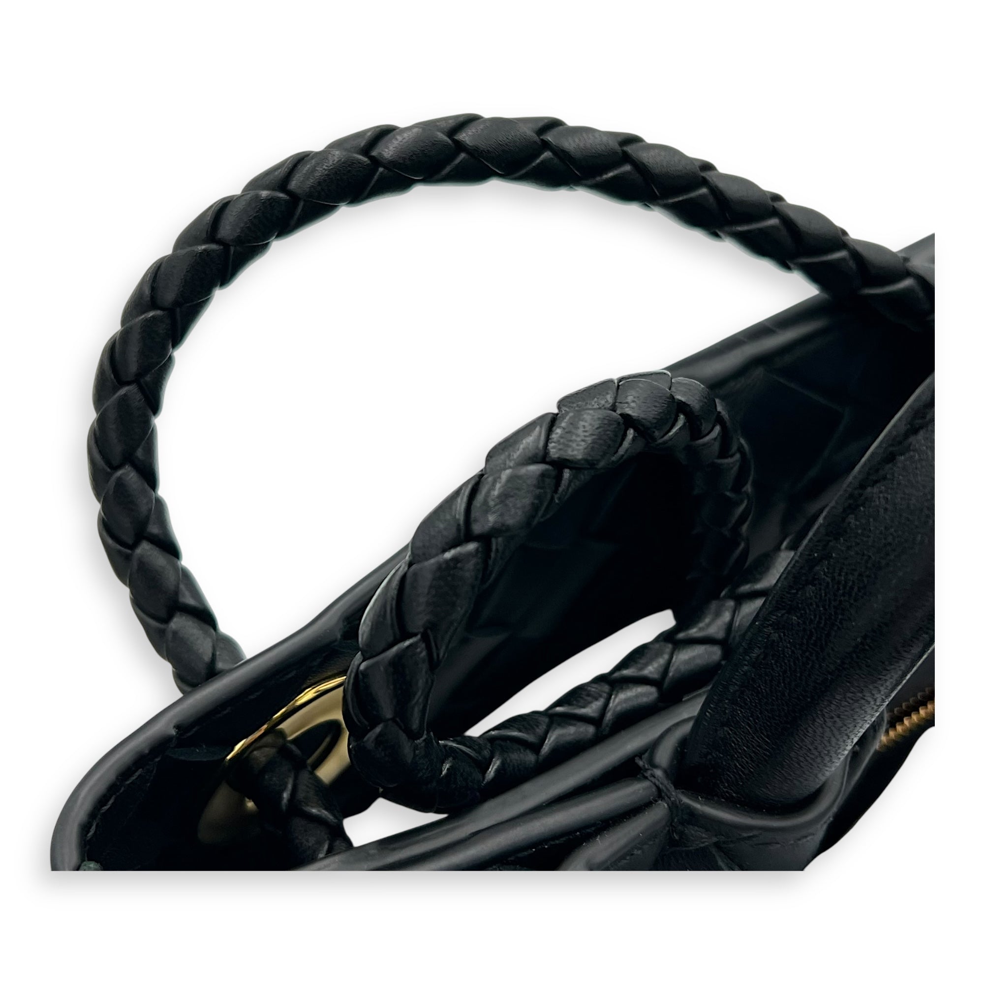 Bottega Veneta Andiamo Small Black Top Handle Bag in Calfskin, Gold hardware_7