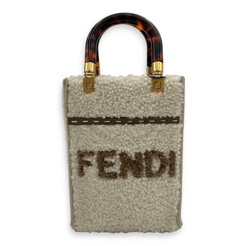 Fendi Sunshine Shoulder Bag White in Faux Fur, Gold hardware_1