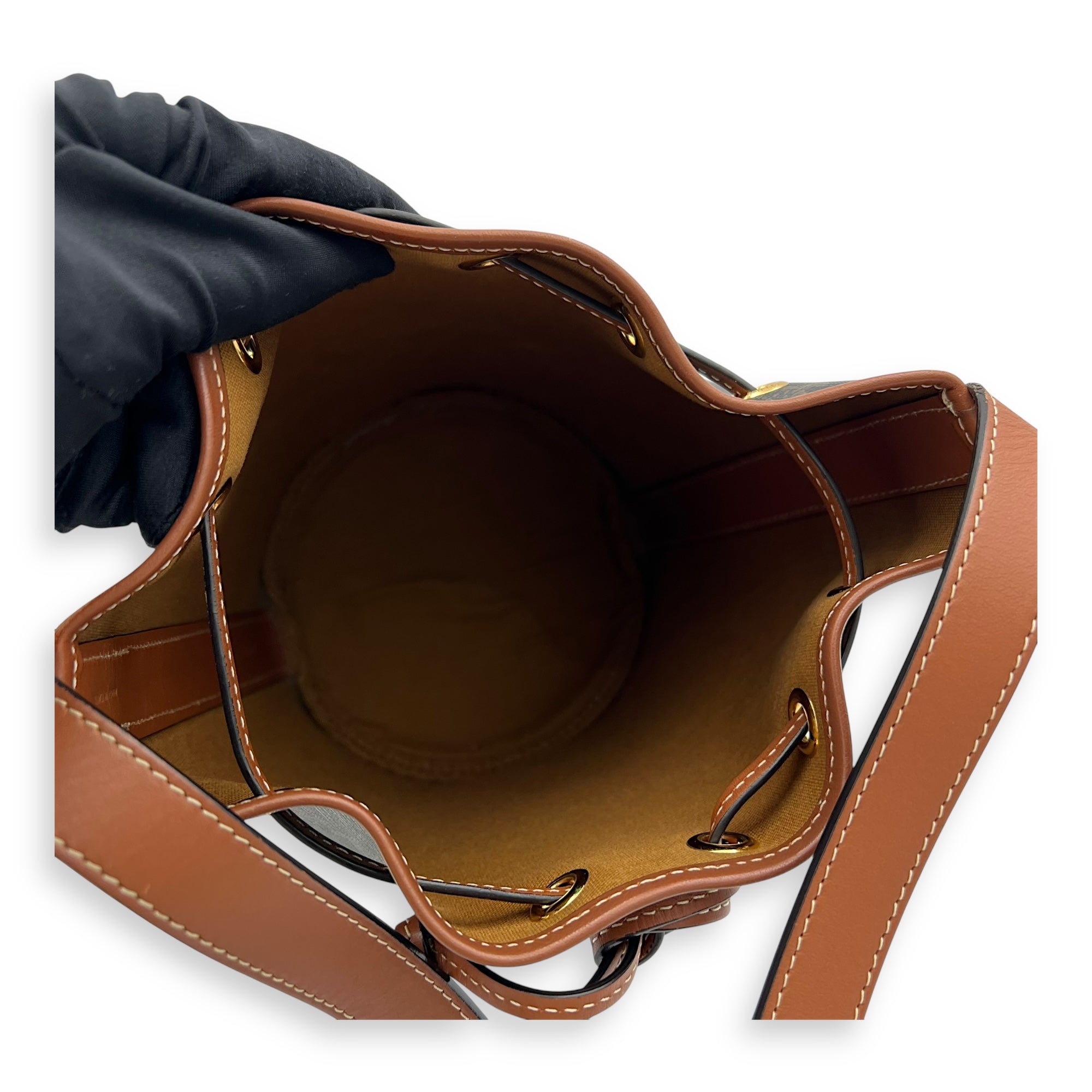 Celine Triomphe Bucket Bag Brown in Coated Canvas, Gold hardware_7