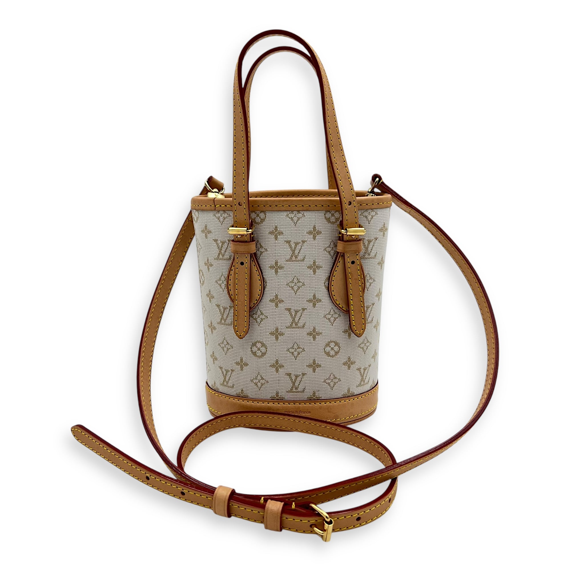 Louis Vuitton Nano White Bucket Bag in Canvas, Gold hardware_5