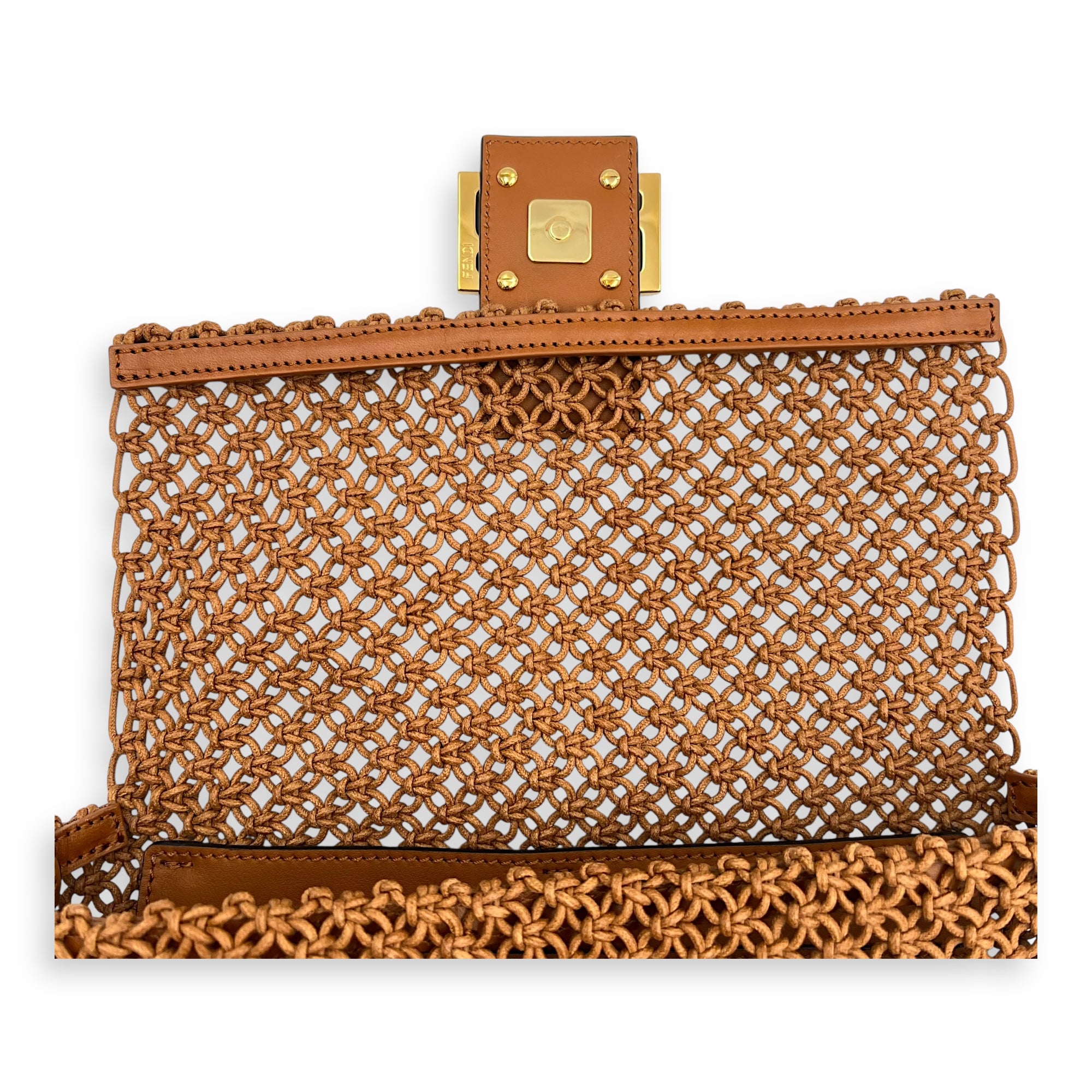 Fendi Baguette Shoulder Bag Brown in Braided leather, Gold hardware_5
