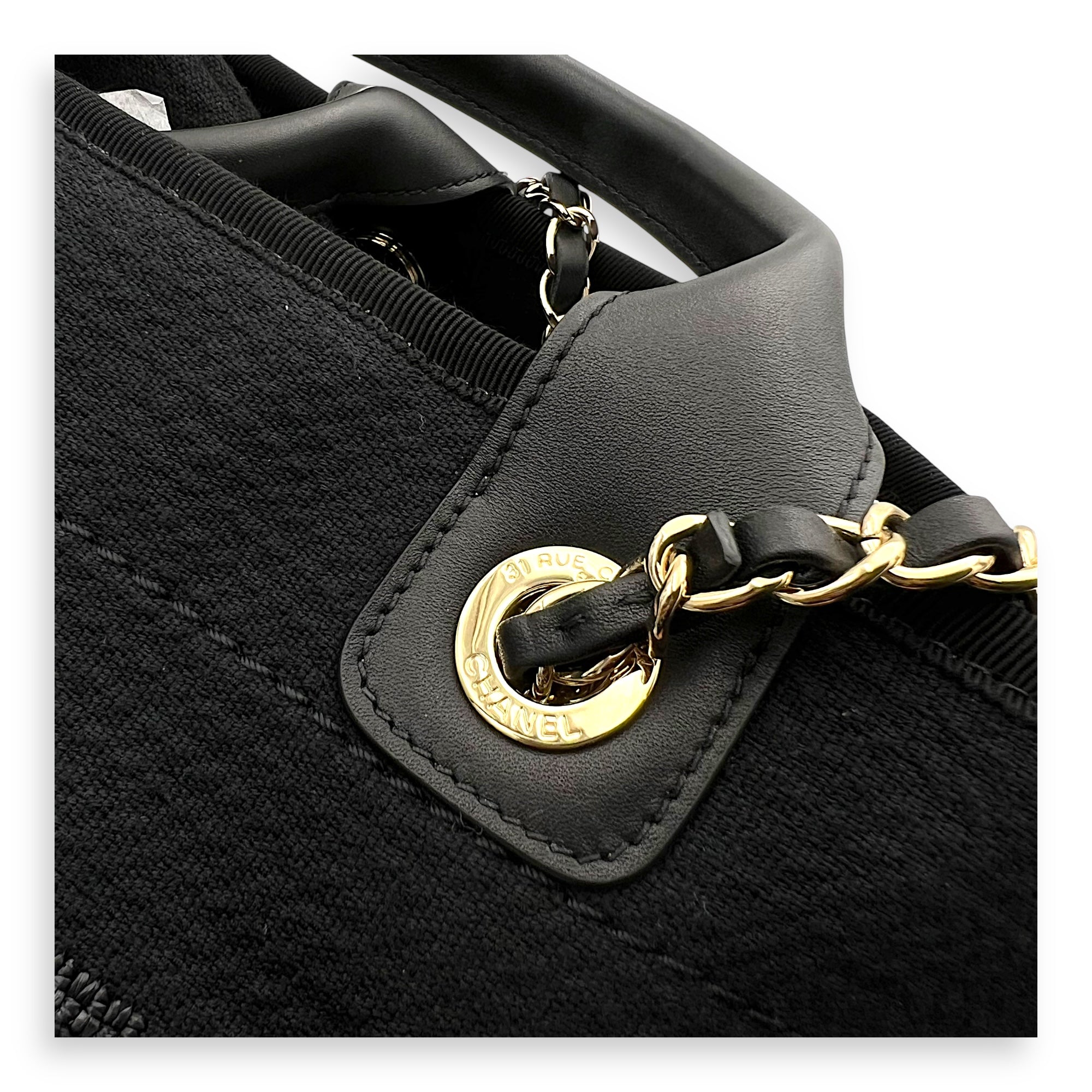 Chanel Deauville Tote Bag Black in Canvas, Gold hardware_5