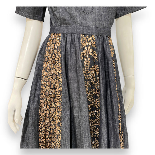 Denim Dress with Gold Coloured eyelet embroidery 34 Blue Ready-To-Wear in Cotton CL2512-17433 5