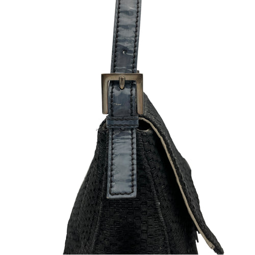 Mamma Baguette Black Shoulder Bag in Canvas, Silver hardware