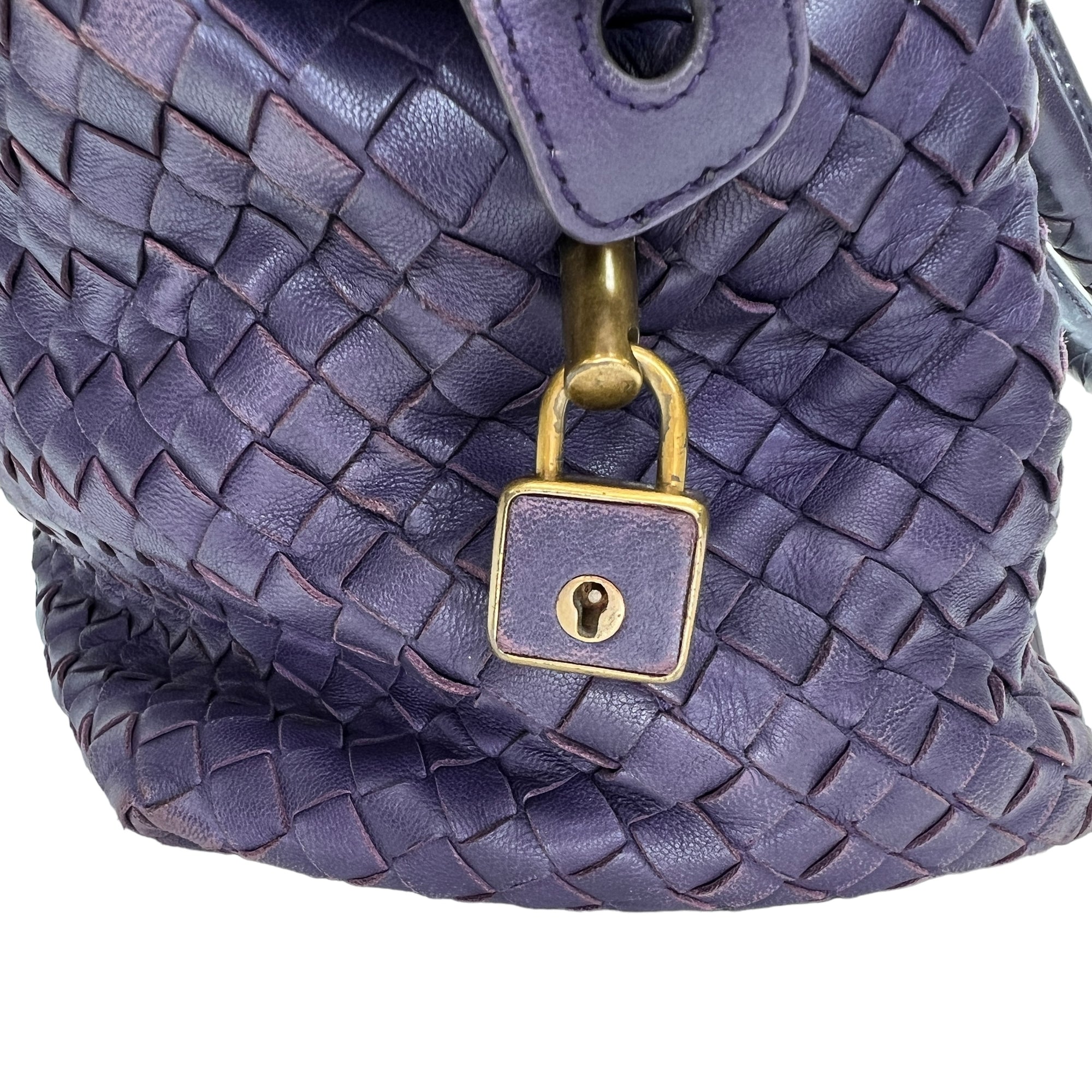 Boston Purple Top Handle Bag in Intrecciato Leather, Brushed Gold hardware