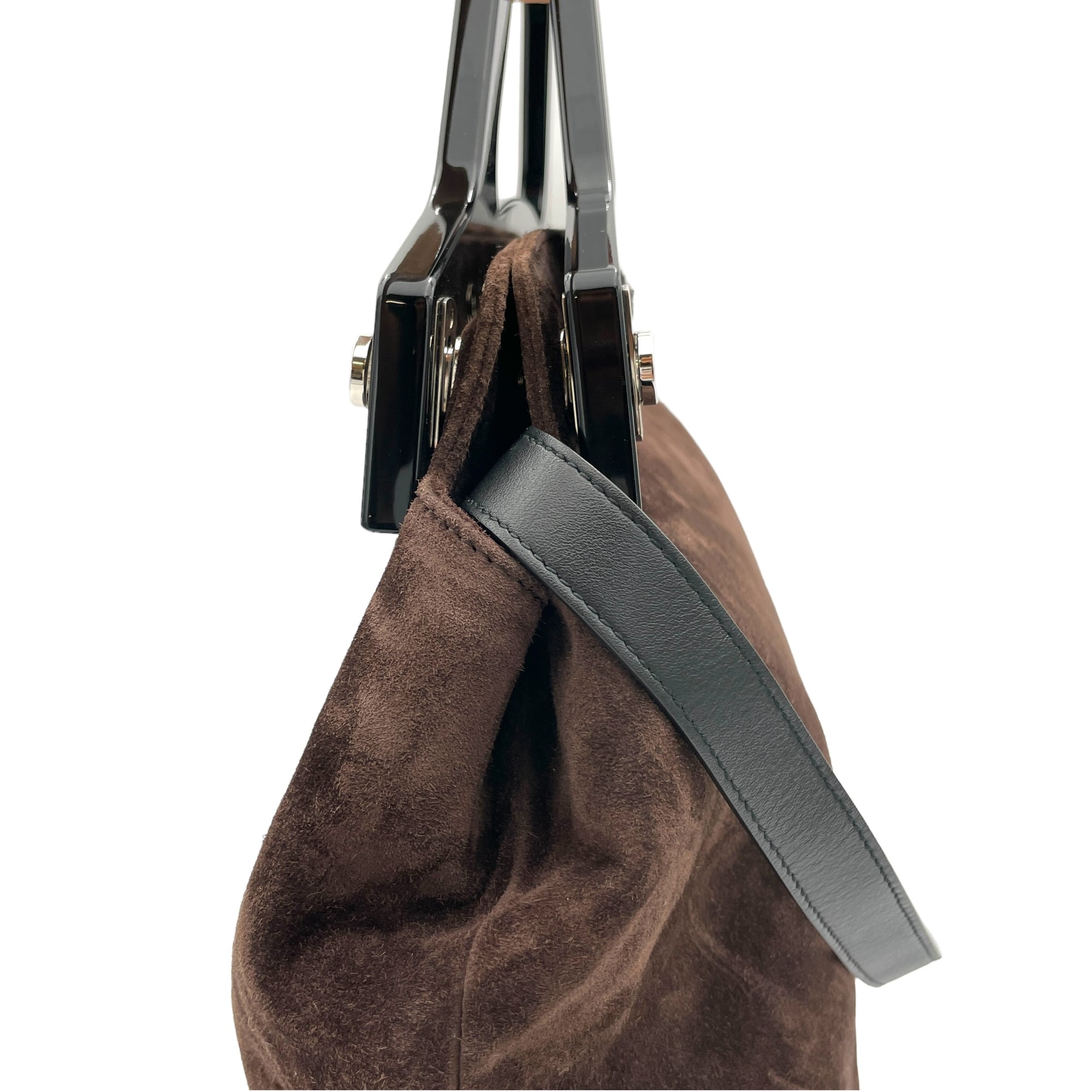 Gancini Two-Way Brown Top Handle Bag in Suede Leather, Silver hardware