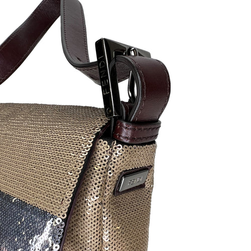 Baguette Abstract Blocks Brown Shoulder Bag in Sequins, Silver hardware