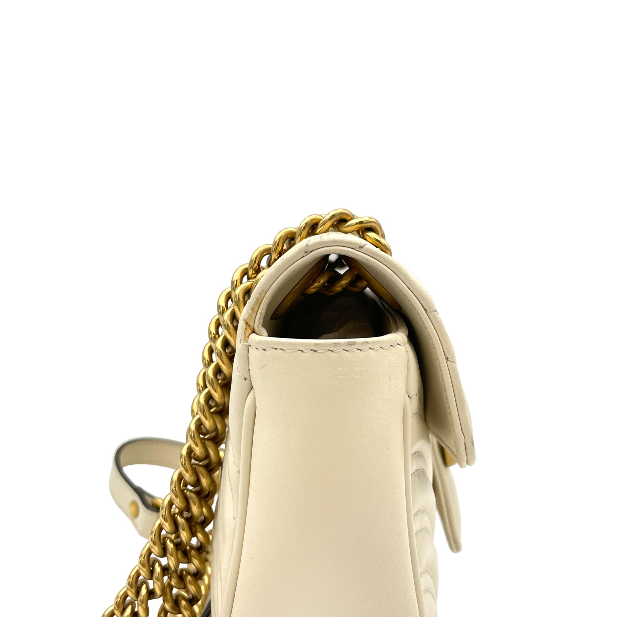 GG Marmont Mini White Shoulder Bag in Calfskin, Brushed Gold hardware