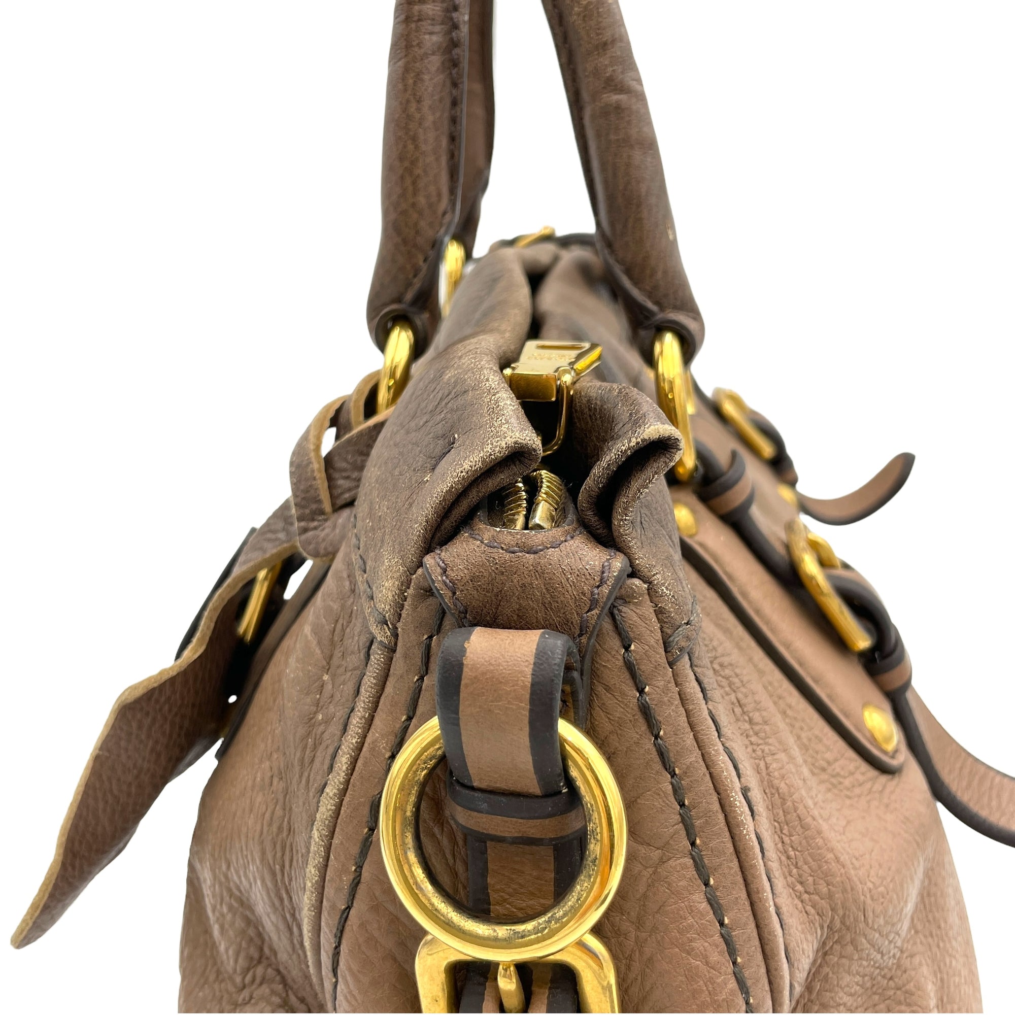 Logo Two way Brown Top Handle Bag in Deerskin, Gold hardware