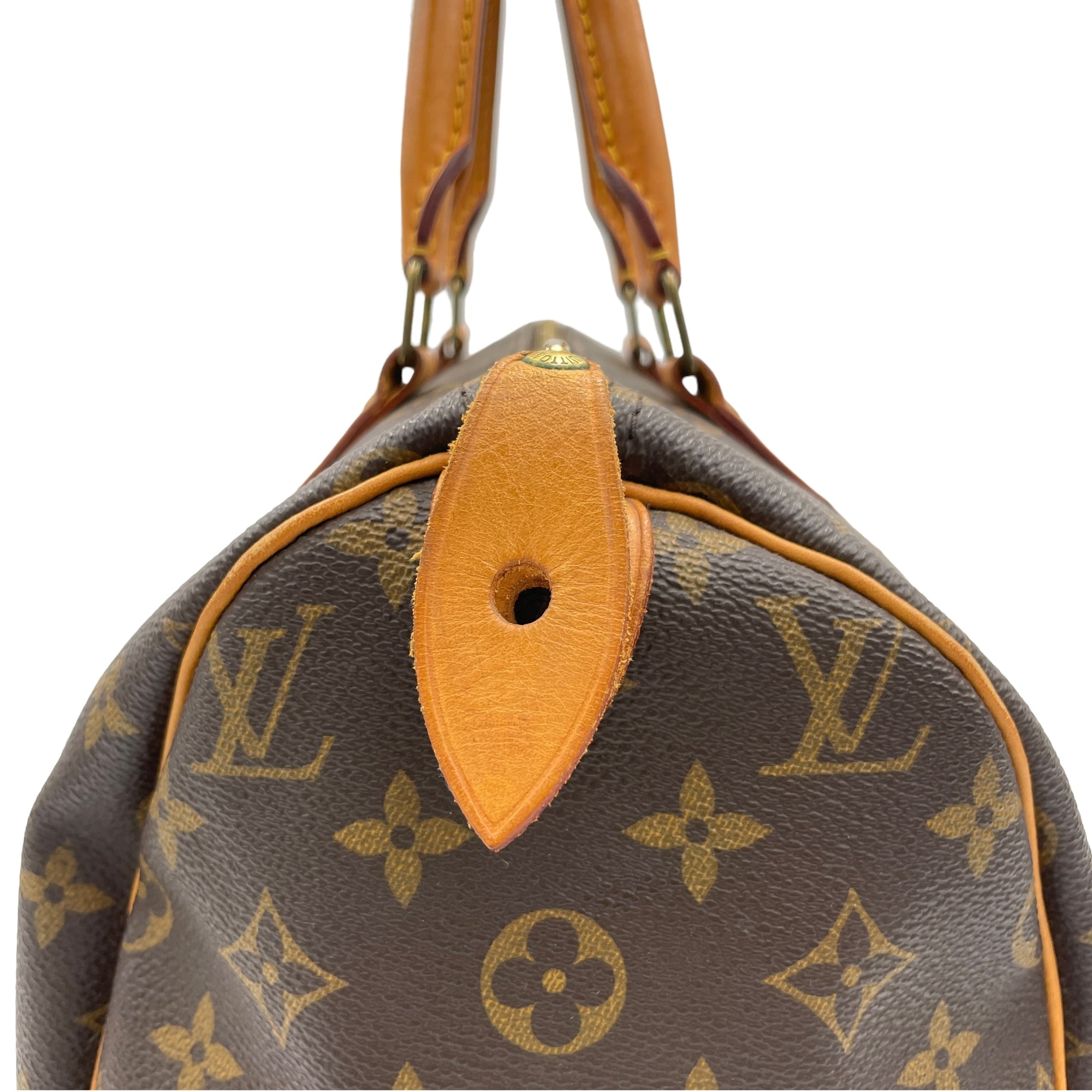 Speedy 30 Brown Top Handle Bag in Monogram Coated Canvas, Gold hardware