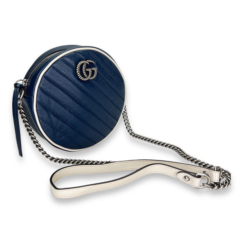 GG Marmont Round Navy Crossbody Bag in Calfskin, Silver hardware