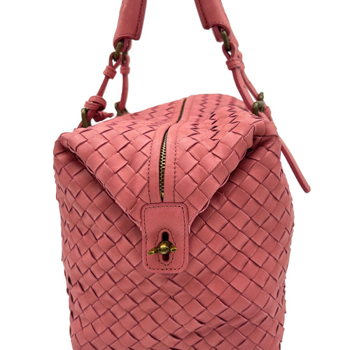 Boston Pink Top Handle Bag in Intrecciato Leather, Brushed Gold hardware