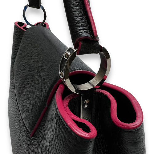 Capucines MM Black Top Handle Bag in Taurillon Leather, Silver hardware