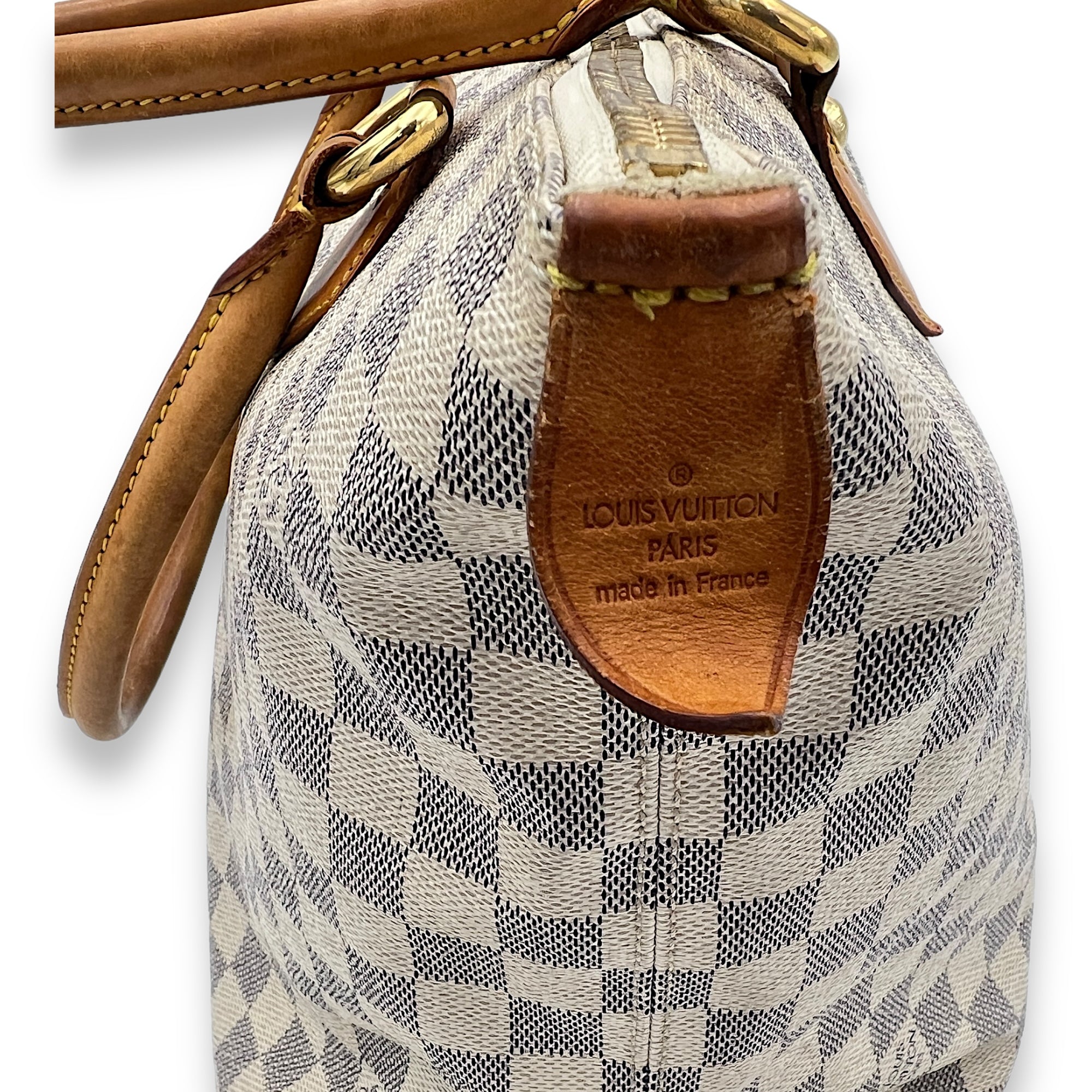 Saleya MM Damier Azur Top Handle Bag in Coated Canvas, Gold hardware