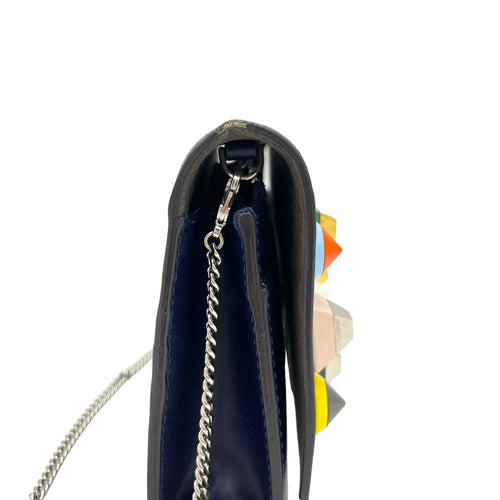 Vitello Liberty Studded Blue Wallet On Chain in Calfskin, Silver hardware