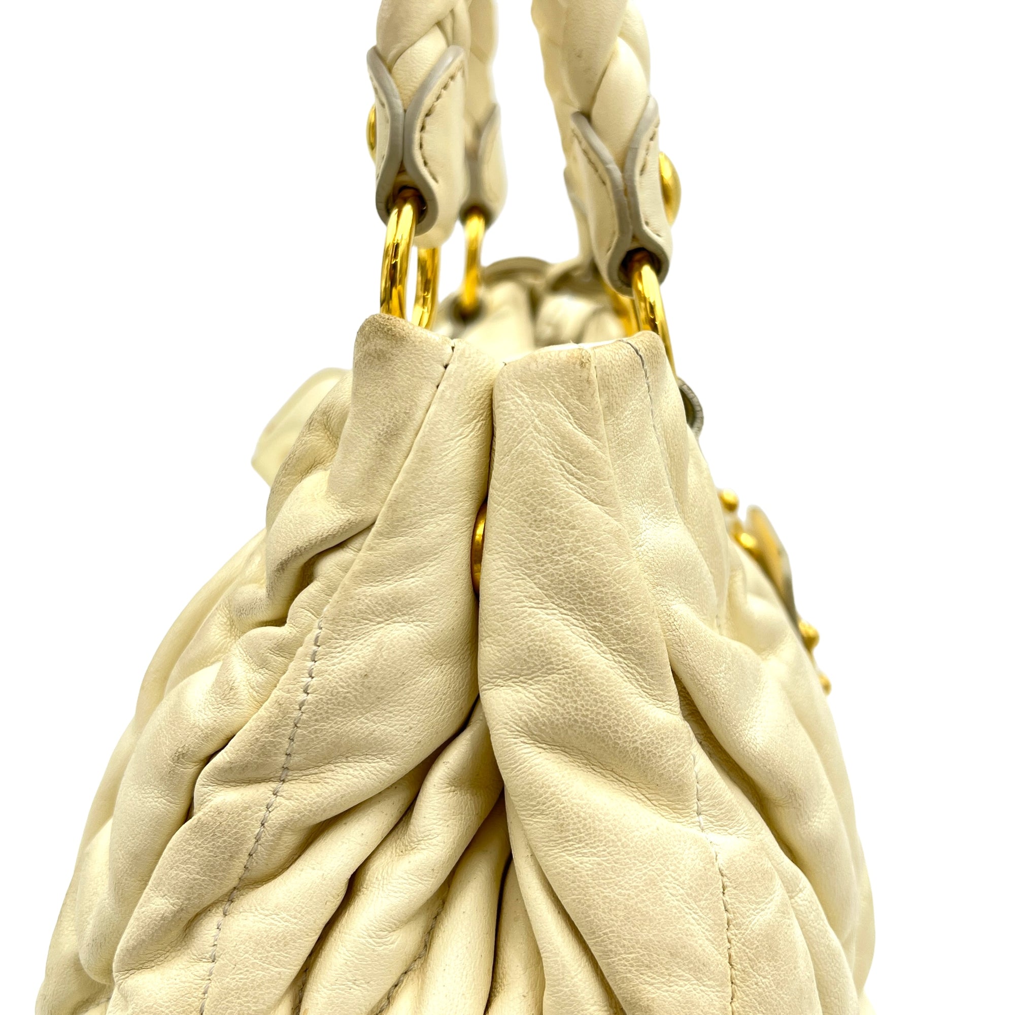 Matelassé White Top Handle Bag in Lambskin, Gold hardware