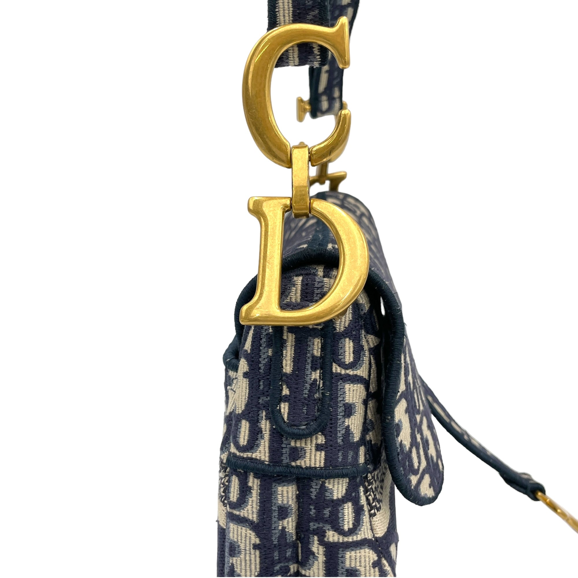 Saddle Medium Blue Top Handle Bag in Jacquard, Gold hardware