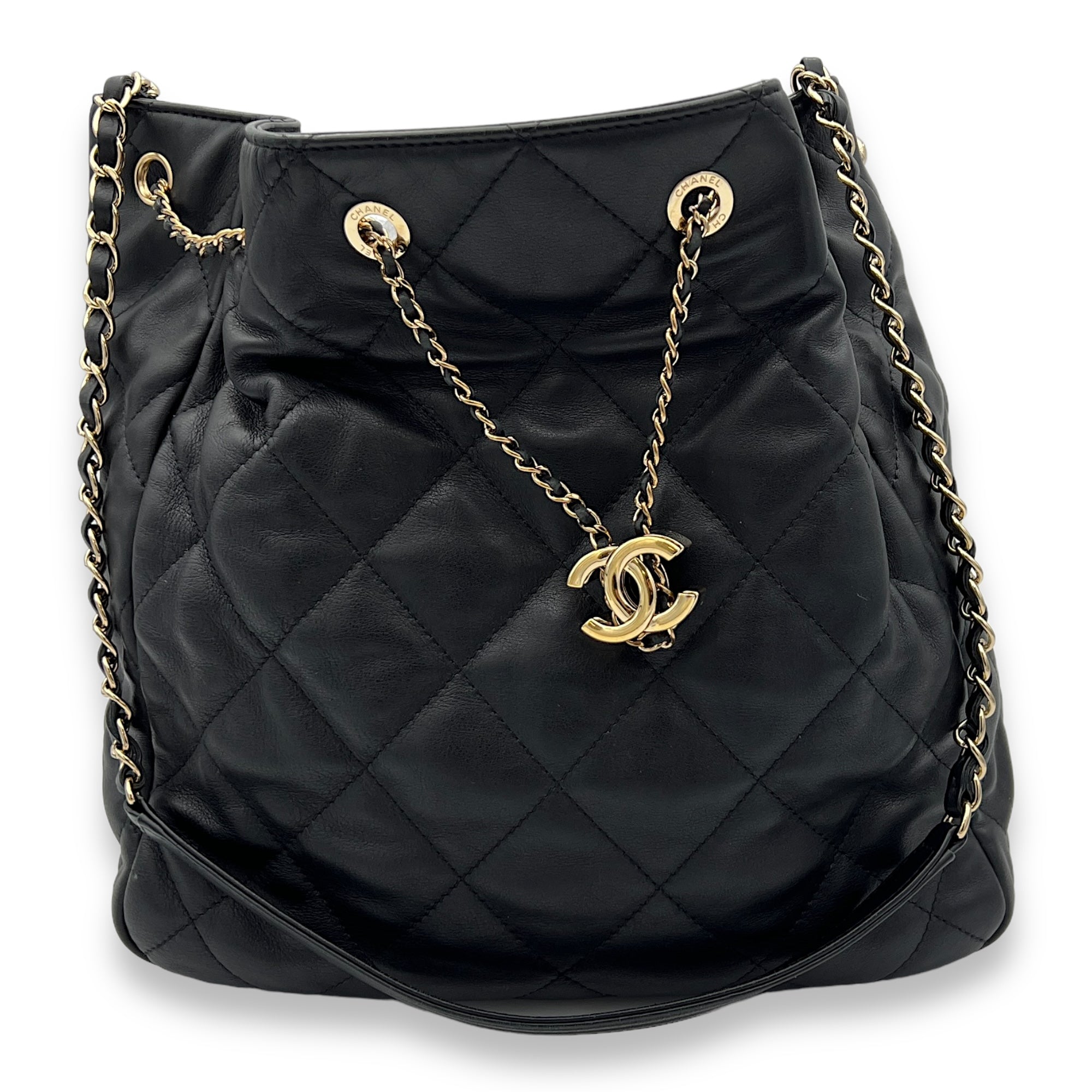 Bucket Black Shoulder Bag in Calfskin, Gold hardware