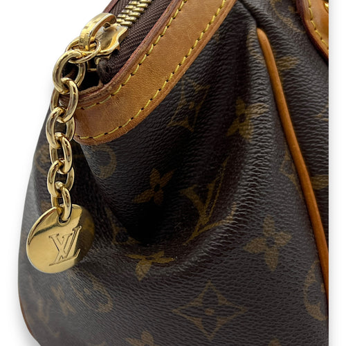 Tivoli PM Brown Top Handle Bag in Monogram Coated Canvas, Gold hardware