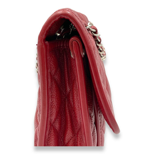 French Riviera Red Shoulder Bag in Caviar Leather, Silver hardware