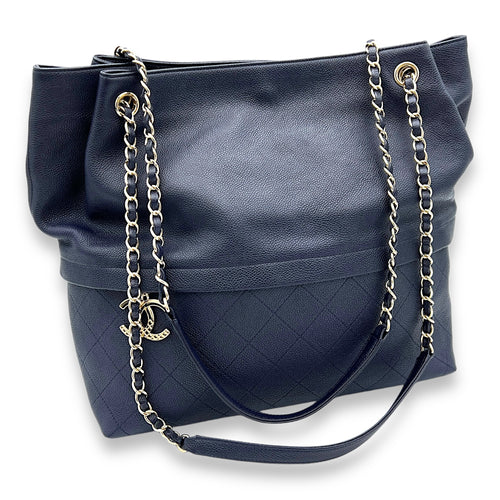 Quilted Blue Shoulder Bag in Caviar Leather, Light Gold hardware