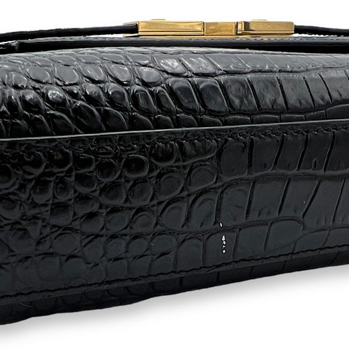 Manhattan Shoulder Bag Black in Crocodile Embossed Calfskin, Gold hardware