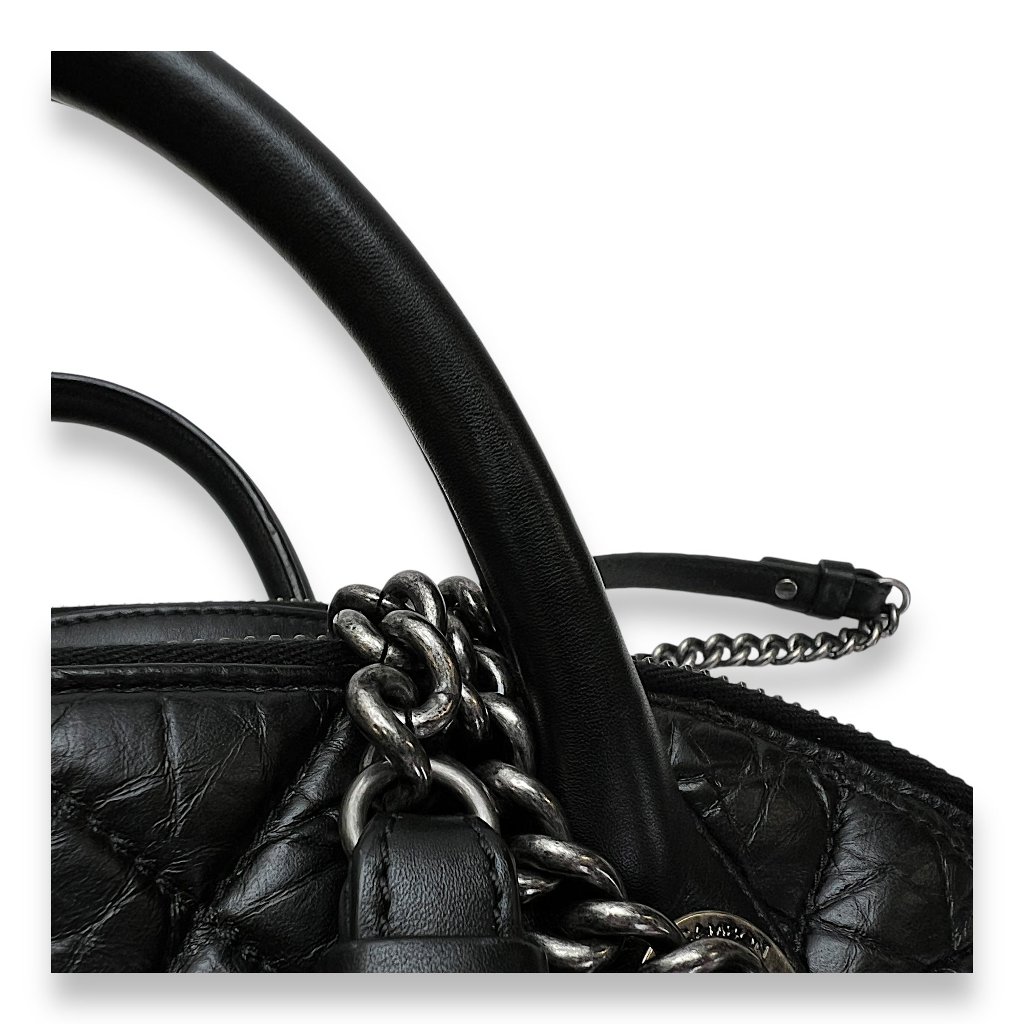 Bowler Shopper Black Shoulder Bag in Calfskin, Ruthenium hardware