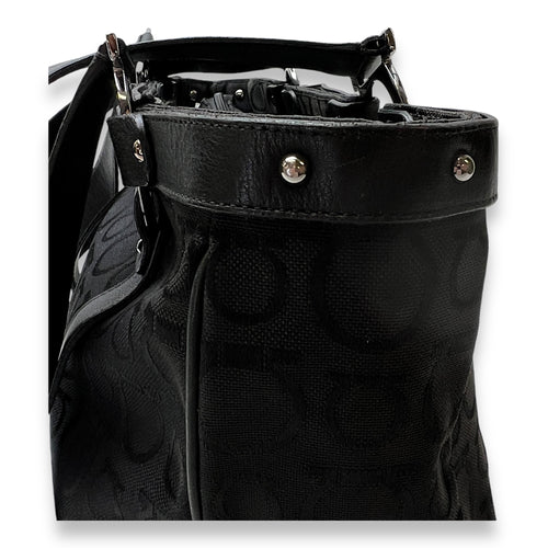 Gancini Top Handle Bag Medium Black in Canvas, Silver hardware