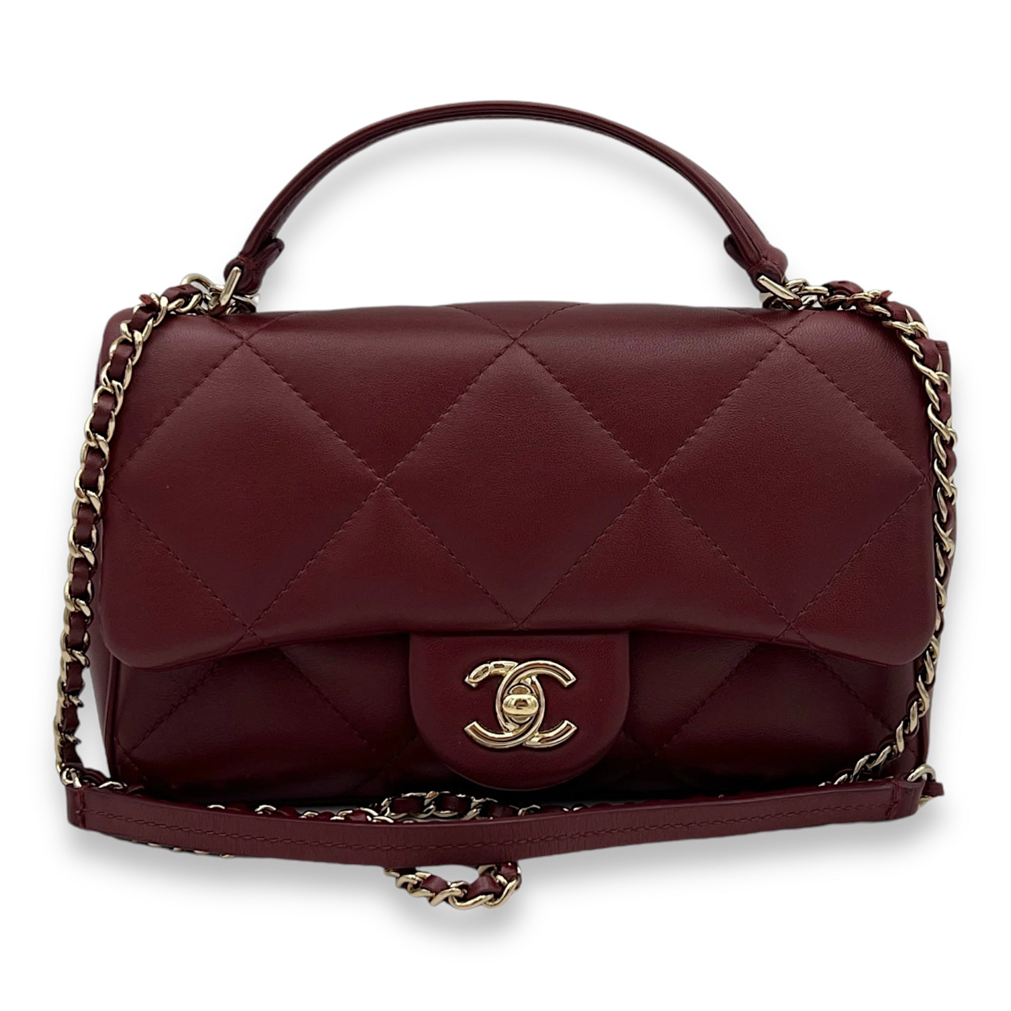 Easy Carry Flap Maroon Shoulder Bag in Lambskin, Gold hardware