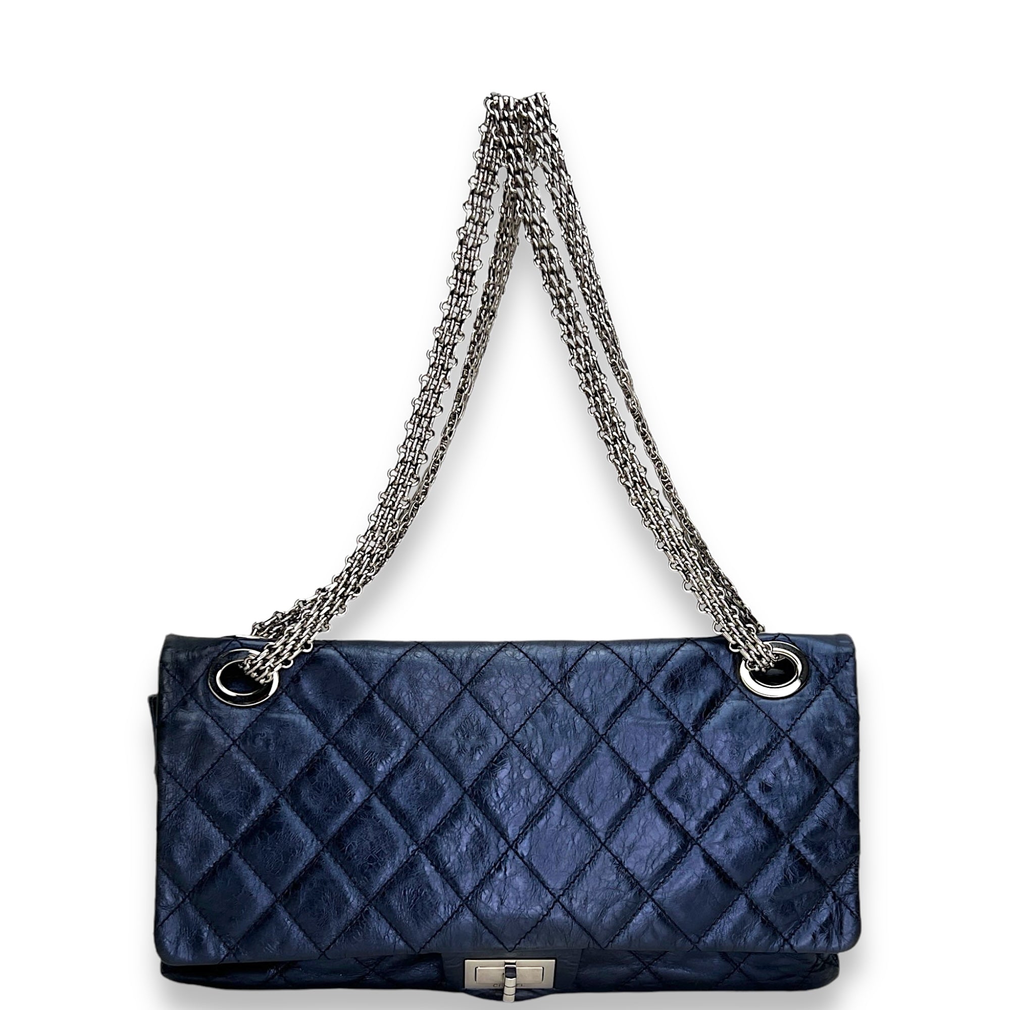 2.55 Large Navy Shoulder Bag in Distressed Leather, Silver hardware