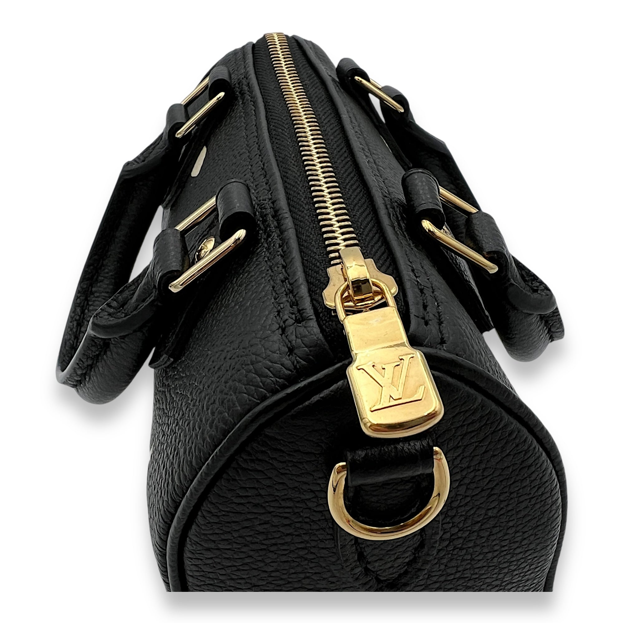 Speedy Bandouliere Nano Black Top Handle Bag in Monogram Empreinte Leather, Gold hardware