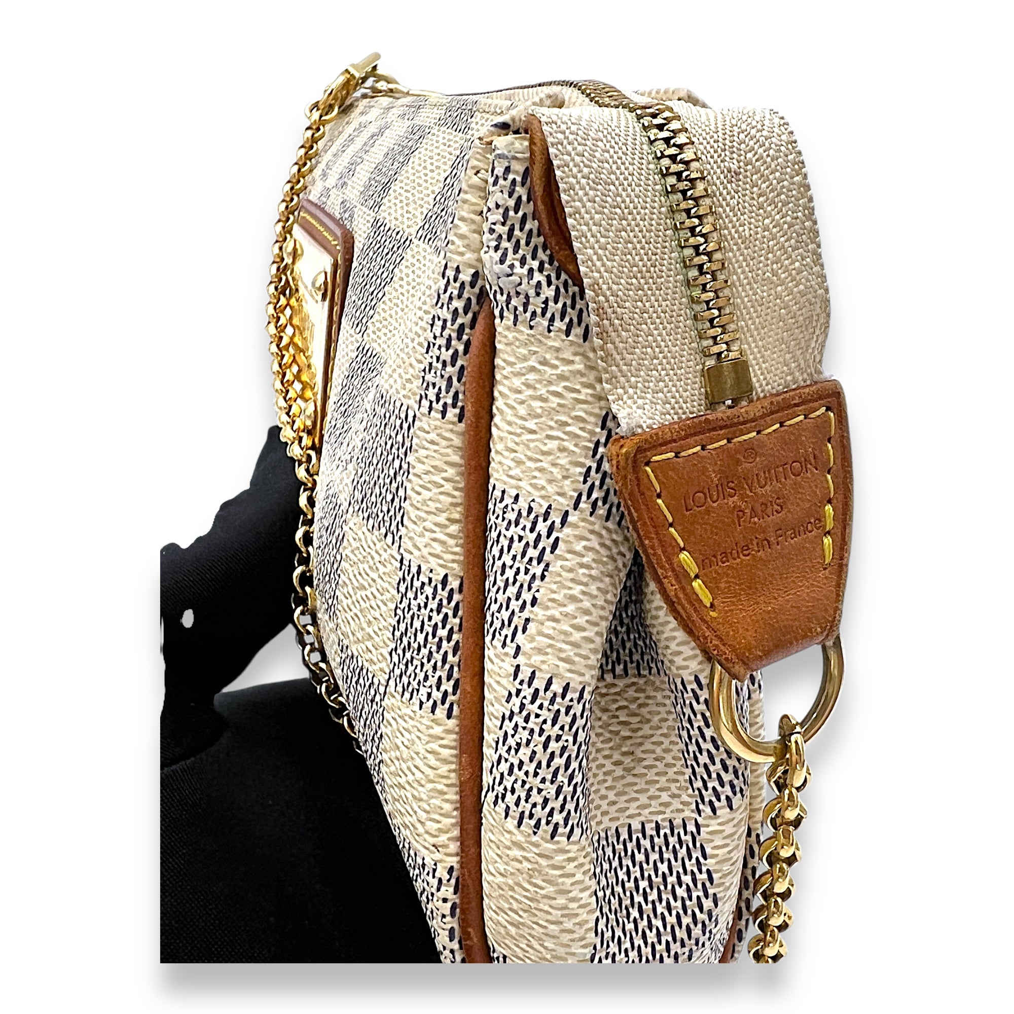 Eva Damier Azur Shoulder Bag in Coated Canvas, Gold hardware