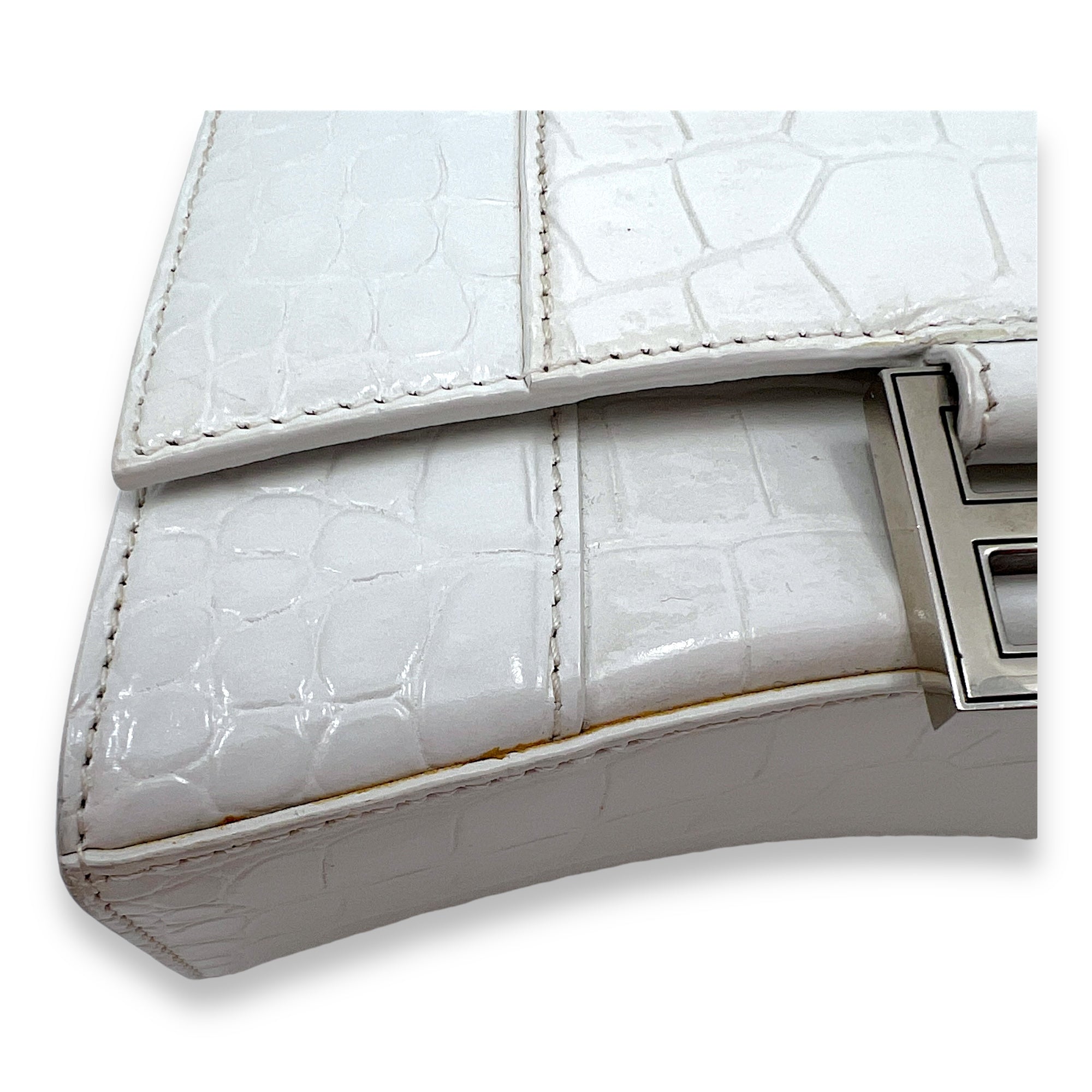 Hourglass XS White Top Handle Bag in Crocodile Embossed Calfskin, Silver hardware