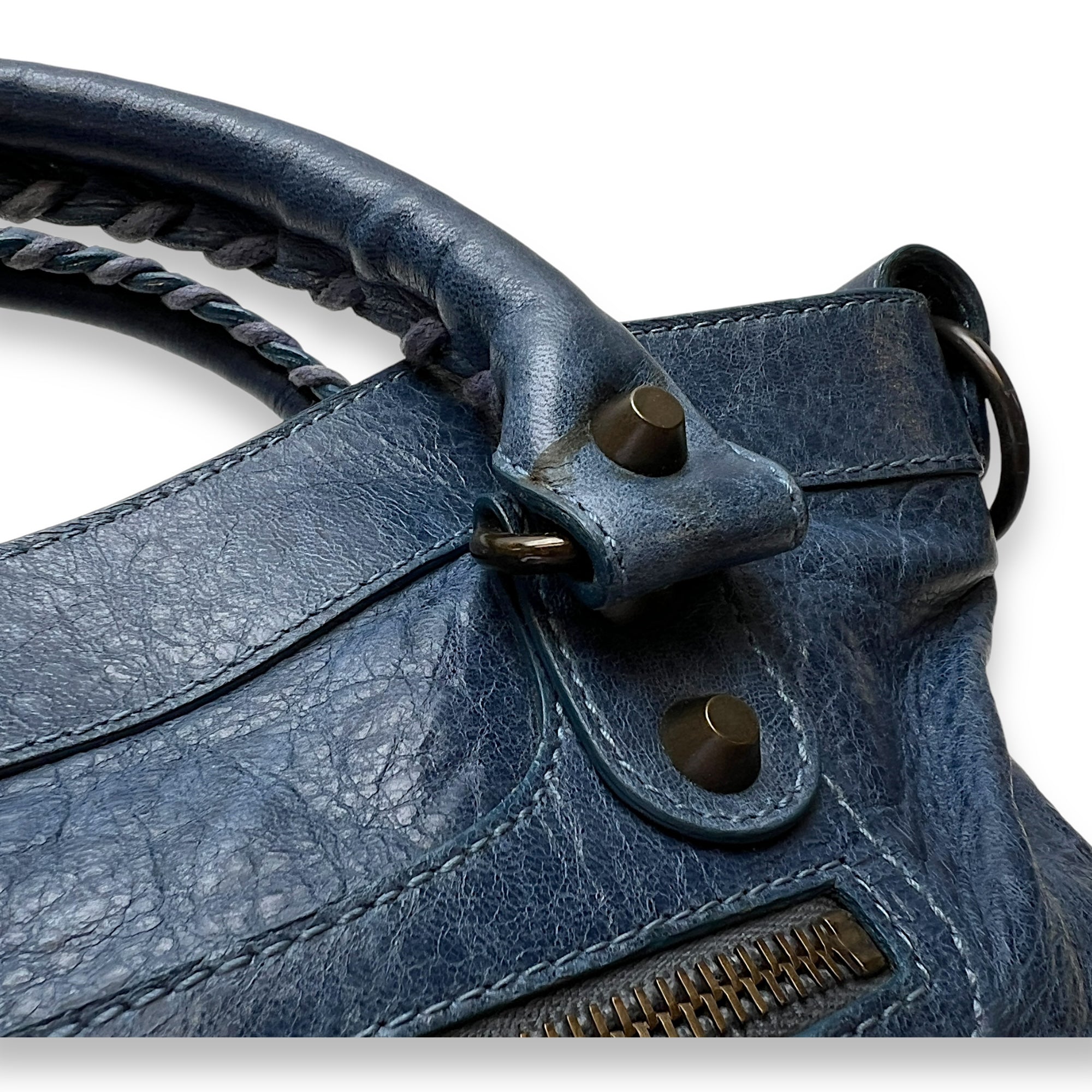 First Blue Shoulder Bag in Distressed Leather, Brushed Gold hardware