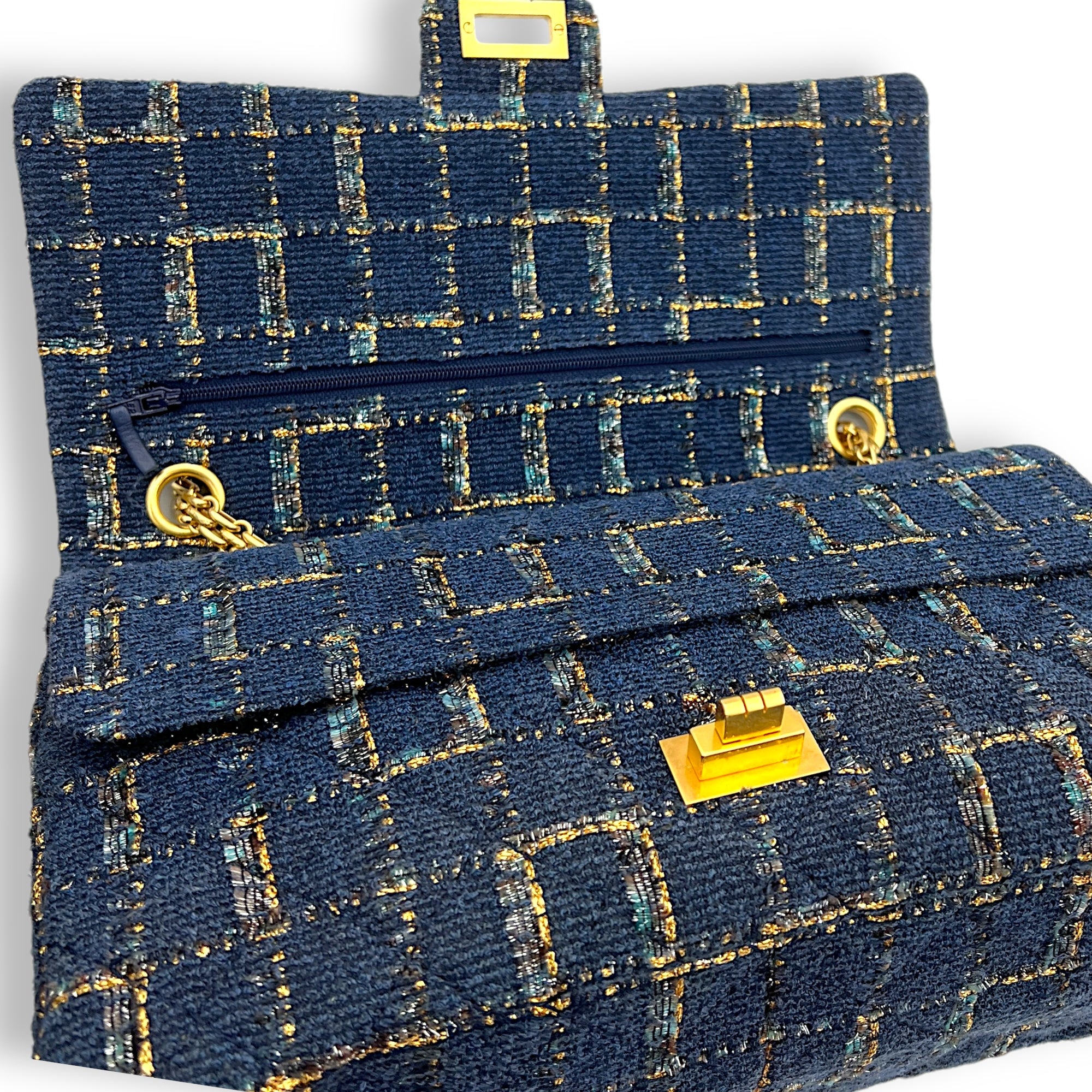 Fantasy 2.55 Reissue Blue Shoulder Bag in Tweed, Gold hardware