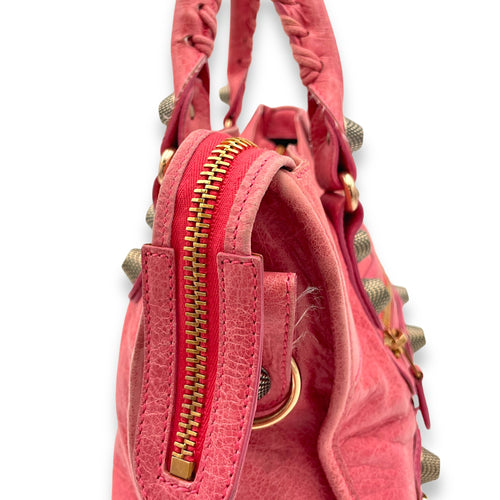 City Medium Pink Top Handle Bag in Distressed Leather, Rose Gold hardware